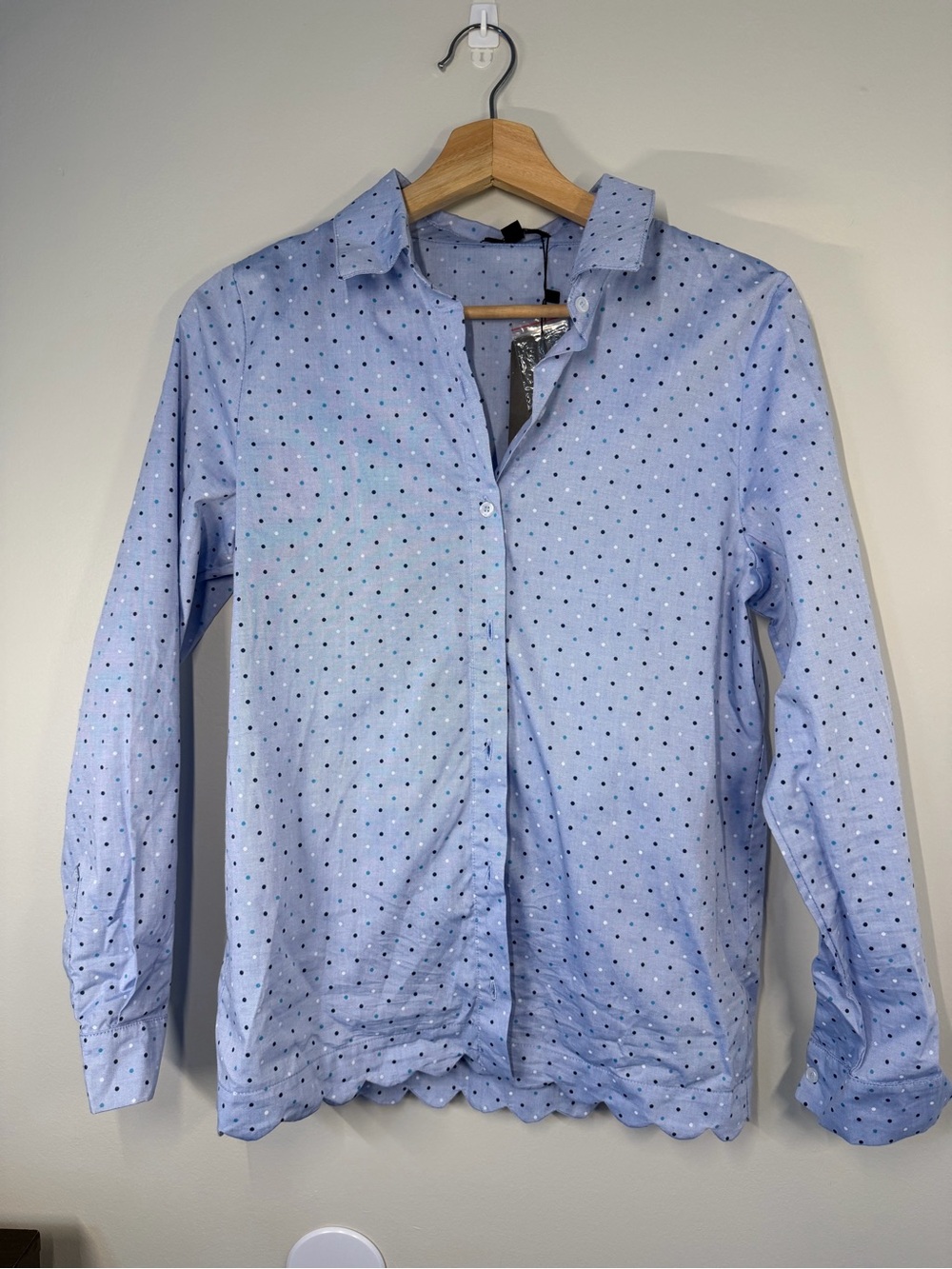 Very J Light Blue Dress Shirt with Navy Polka Dots